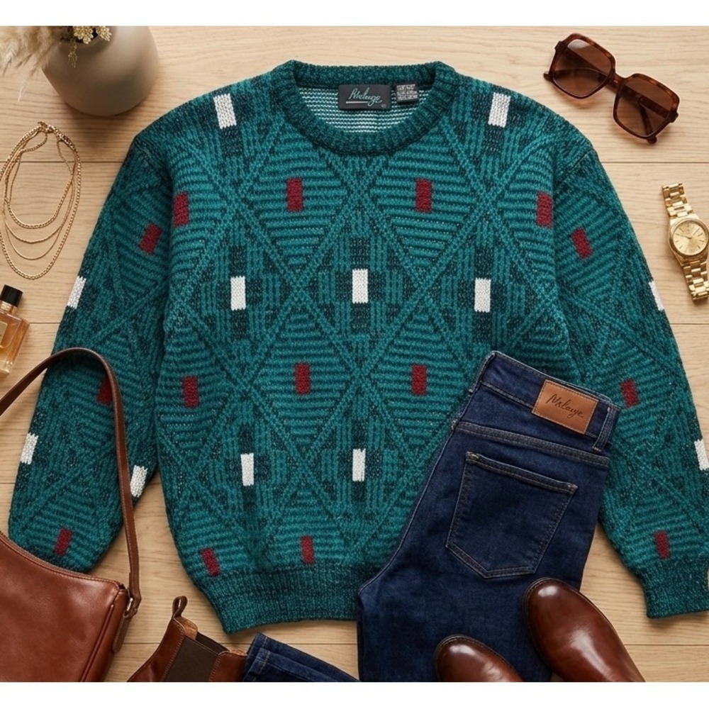 80s Melange Vintage Teal‎ Blue Geometric Knit Sweater Size Small Jumper Ski